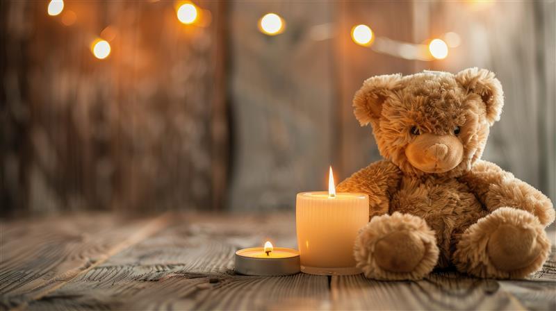 Brandende kaarsjes met daarnaast een teddybeer