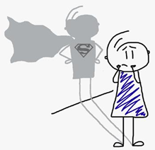 Illustratie van kind dat in haar spiegelbeeld een superheld ziet