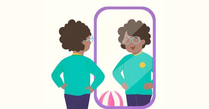 Ilustratie van basisschoolkind die trots in de spiegel kijkt