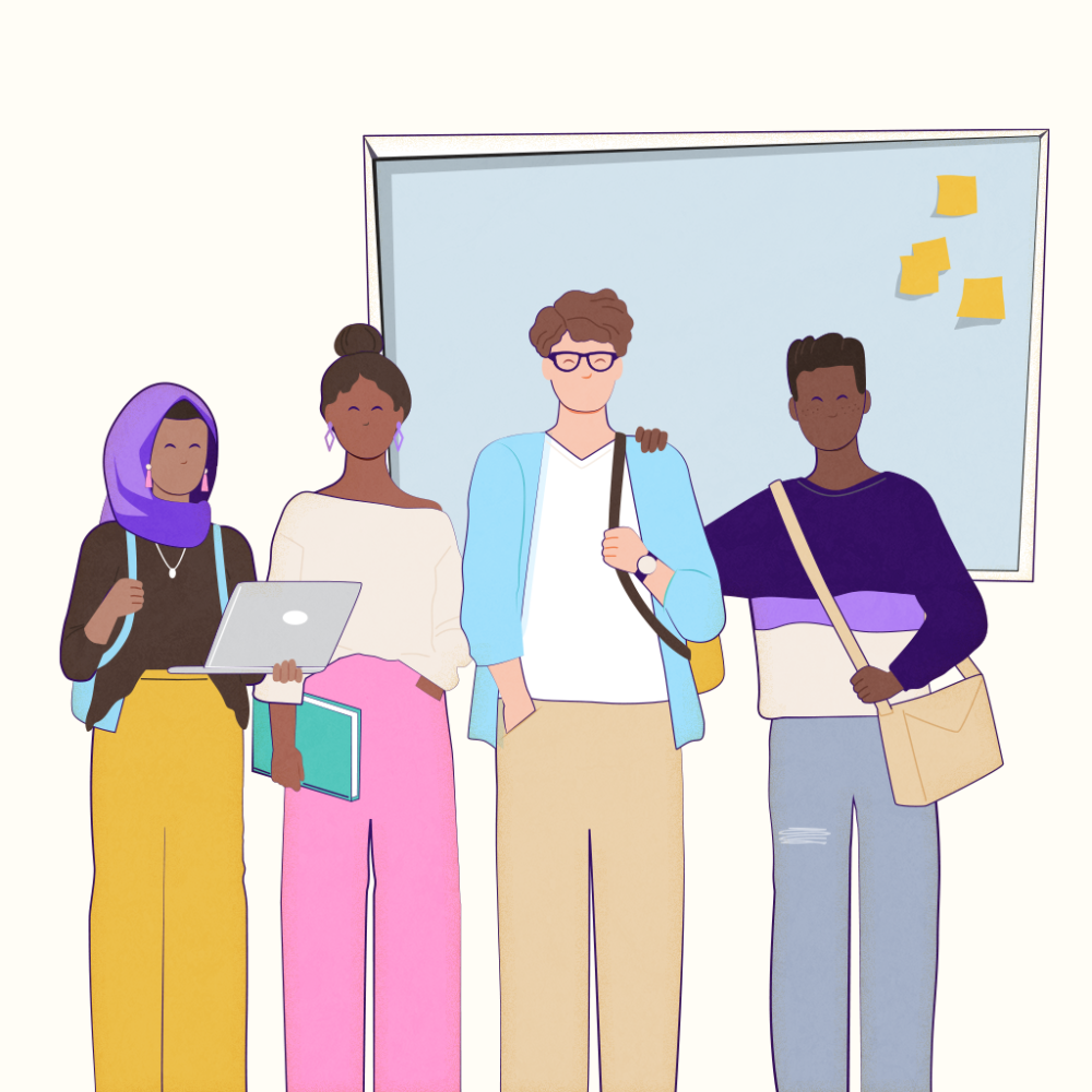 Illustratie van groepje tieners voor een schoolbord