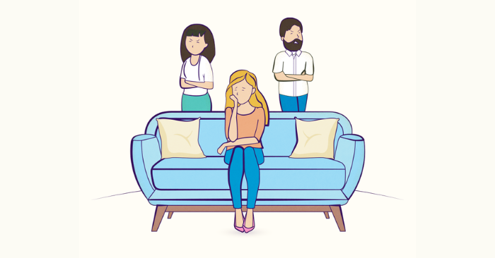 Illustratie van puber meisje die tussen haar ouders zit die ruzie hebben