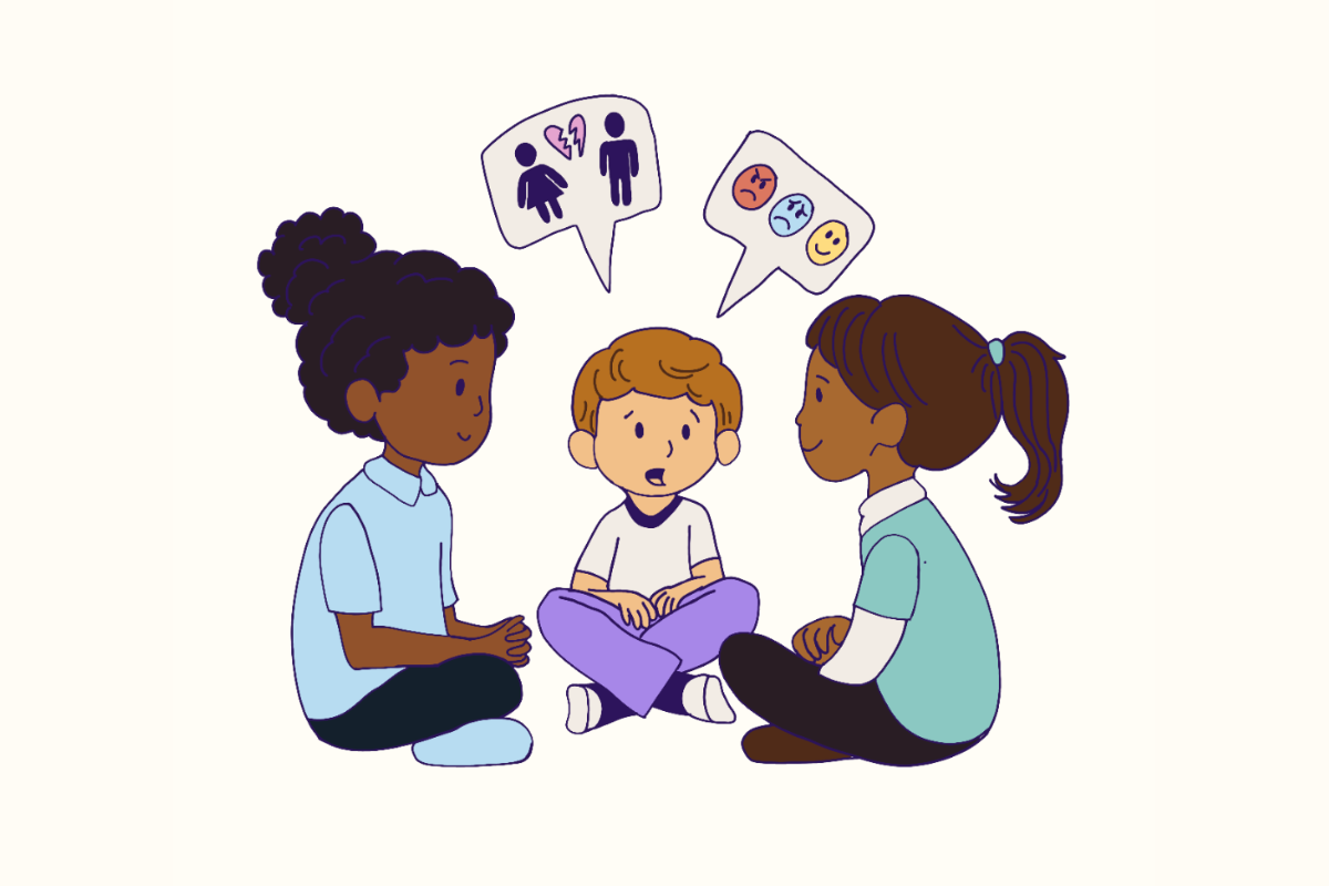 Illustratie van kinderen die met elkaar praten over de scheiding van hun ouders