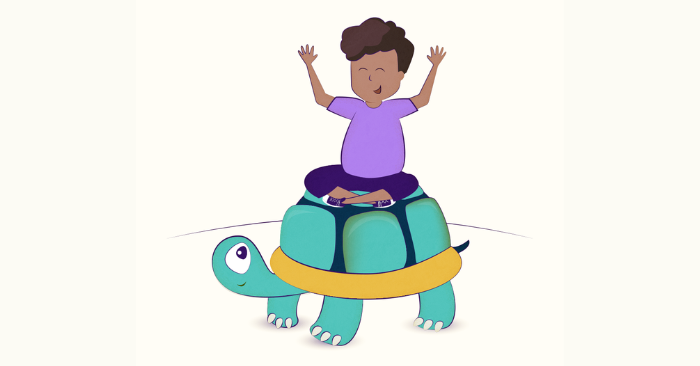 Illustratie van kind die op schilpad zit