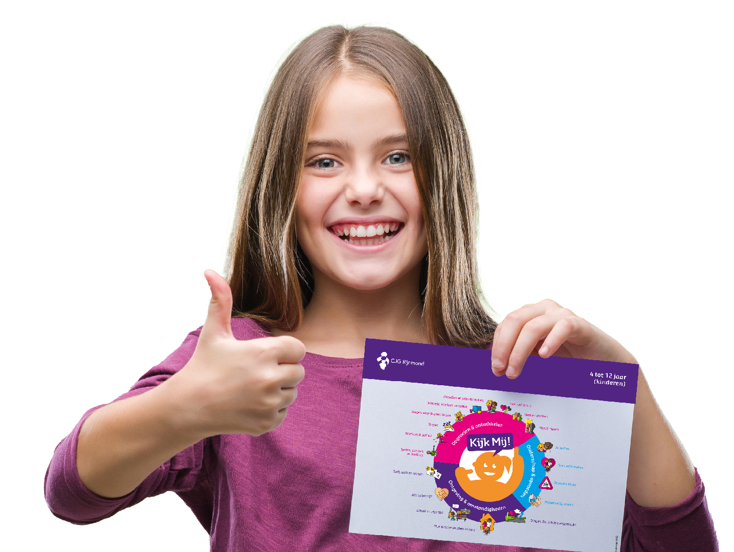 Meisje steekt duim omhoog en laat Kijk Mij! praatplaat zien