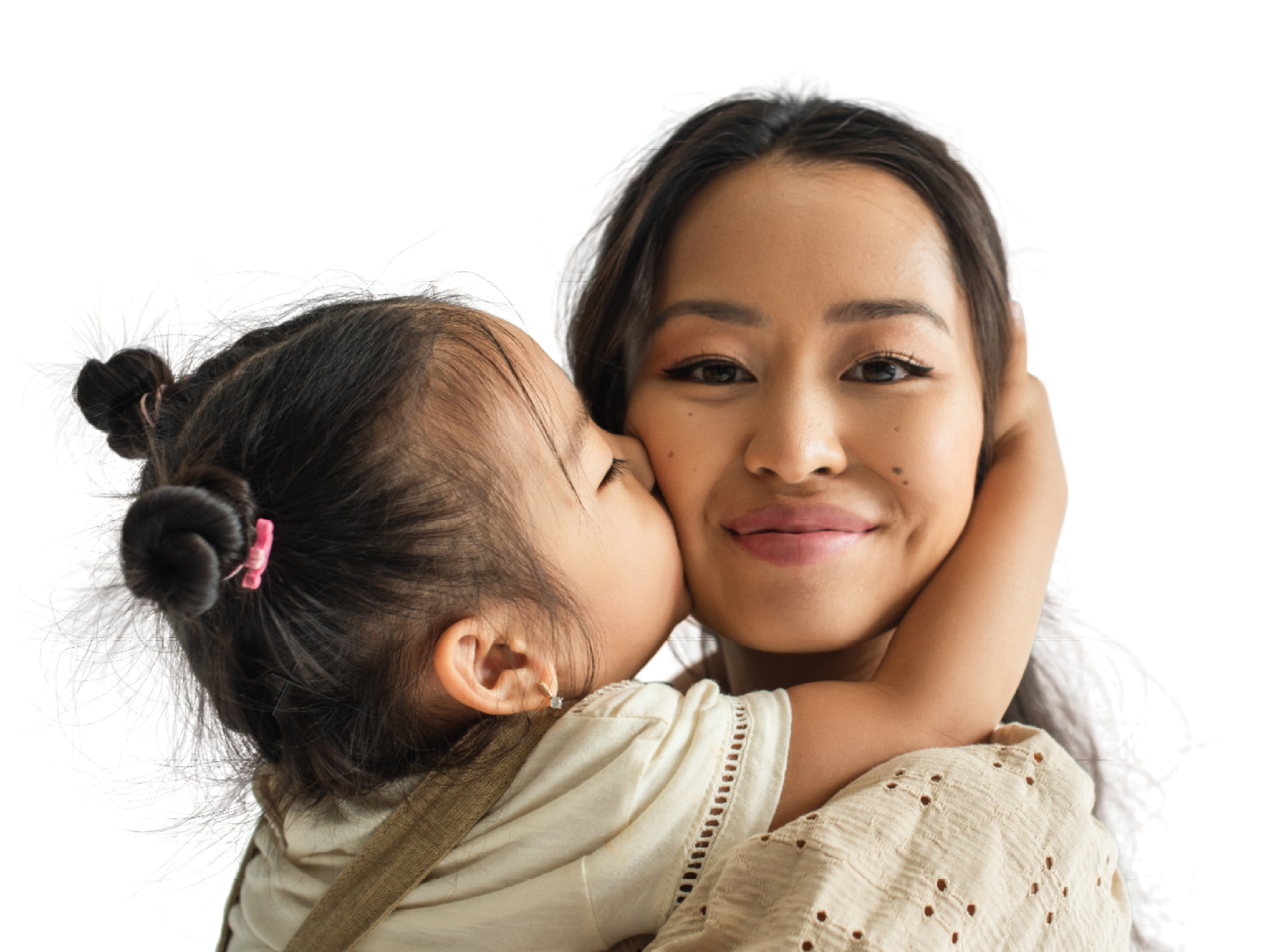 Moeder en dochter die een kus op de wang geeft