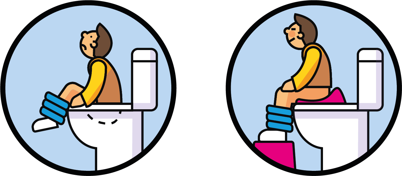 Twee beelden van de beste houding om op de wc te zitten. Zorg dat de billen iet te ver de pot inzakken en gebruik een WC-bril verkleiner voor de kleinere billen.