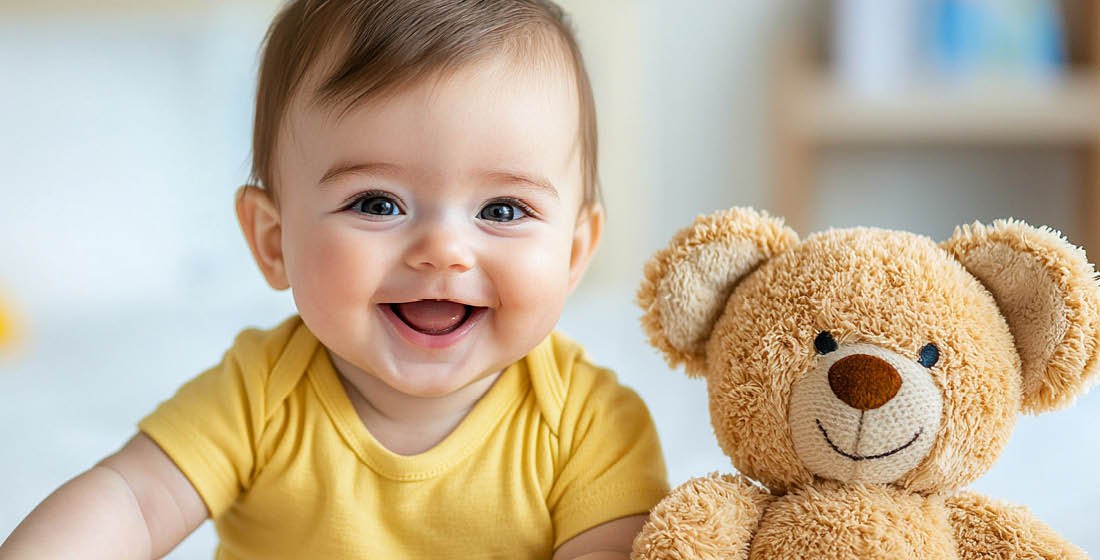 Lachende schattige baby met knuffel